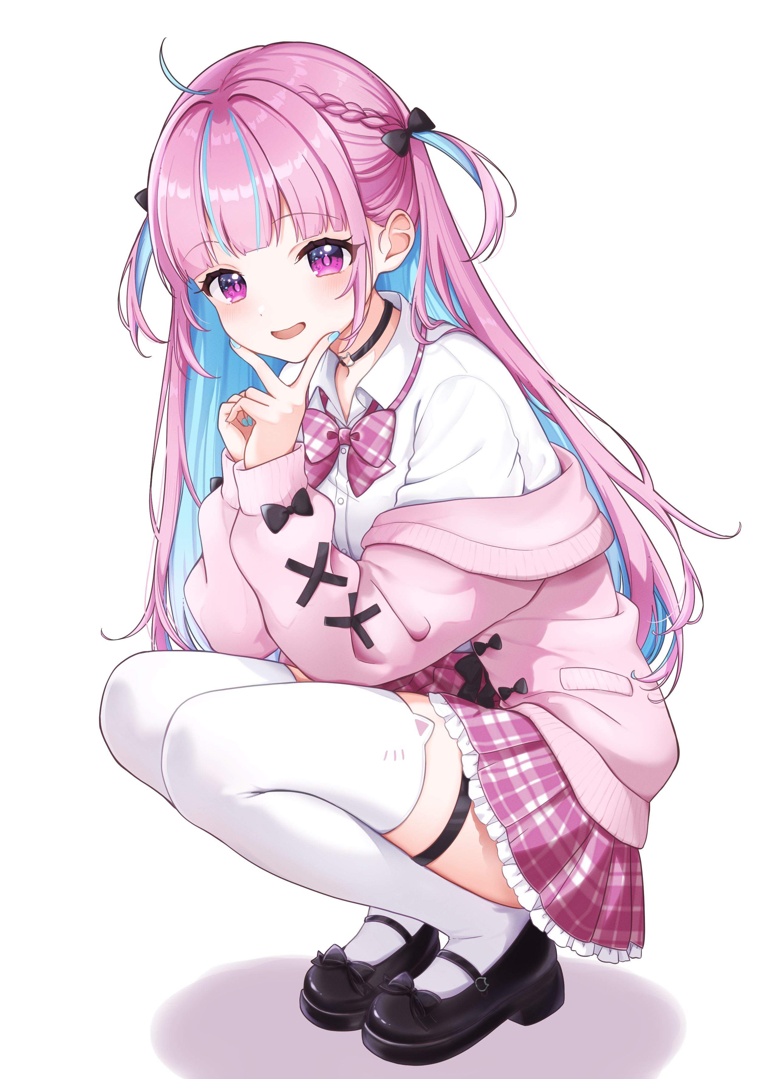 suzuna (agzh5344), minato aqua, minato aqua (school uniform), hololive, absurdres, commentary request, highres, 1girl, :d, animal ear legwear, aqua hair, aqua nails, black bow, black choker, black shoes, blunt bangs, bow, bowtie, cardigan, cat ear legwear, cat o-ring, choker, colored inner hair, cross-laced clothes, cross-laced sleeves, frilled skirt, frills, full body, hair bow, long hair, mary janes, miniskirt, multicolored hair, nail polish, o-ring, o-ring choker, off shoulder, official alternate costume, official alternate hairstyle, open mouth, pink bow, pink bowtie, pink cardigan, pink hair, pink skirt, plaid bow, plaid bowtie, plaid clothes, pleated skirt, purple eyes, school uniform, shirt, shoes, simple background, skirt, smile, solo, squatting, streaked hair, thigh strap, thighhighs, two-tone hair, two side up, v, very long hair, virtual youtuber, white background, white shirt, white thighhighs