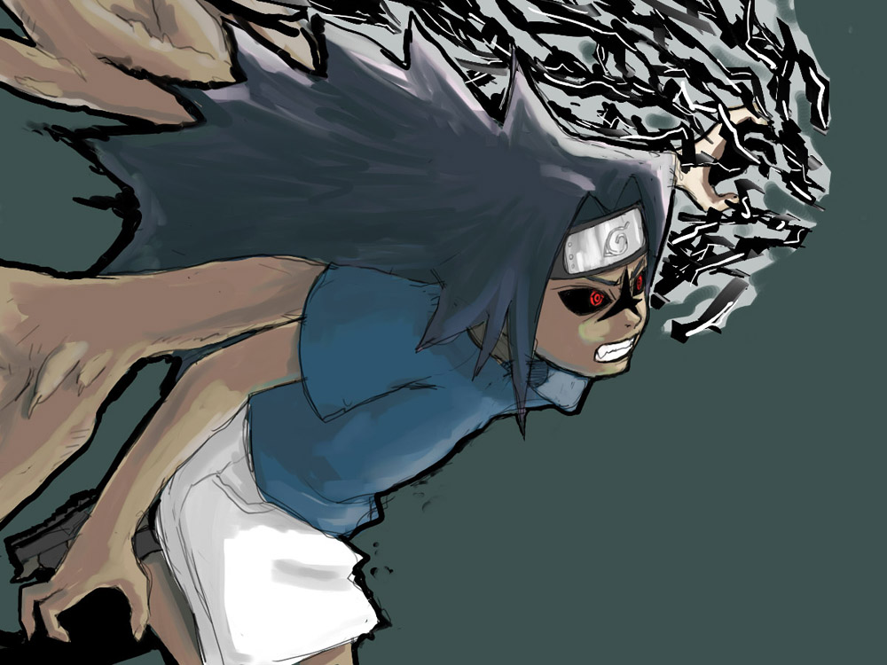 naotan, uchiha sasuke, naruto (classic), naruto (series), 1boy, black hair, forehead protector, headband, male focus, monster, simple background, solo, transformation