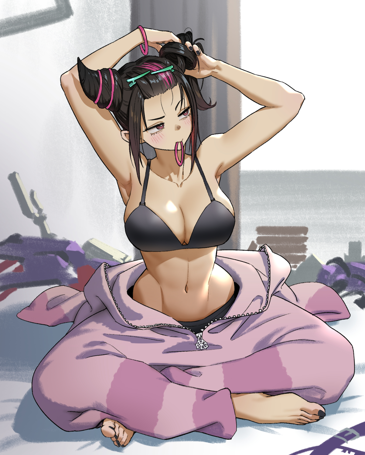han juri, street fighter, street fighter 6, highres, 1girl, barefoot, black bra, black hair, black nails, black panties, bra, breasts, clothes around waist, hair horns, hair ornament, hair tie, hair tie in mouth, hairclip, hairdressing, large breasts, messy room, mouth hold, multicolored hair, official alternate costume, onesie, panties, panty peek, solo, streaked hair, tying hair, underwear, unzipped, vitad one, zipper pull tab