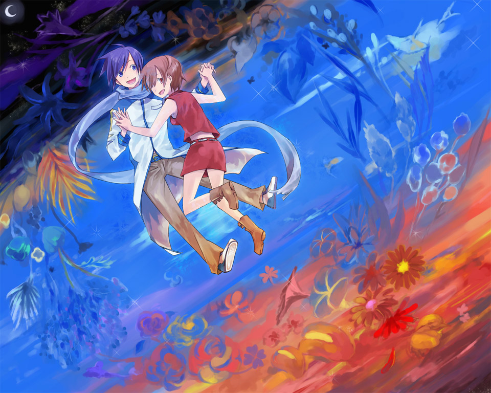 yae (pixiv143441), kaito (vocaloid), meiko (vocaloid), vocaloid, 1boy, 1girl, blue hair, blue scarf, brown hair, flower, happy, hetero, holding hands, scarf, short hair, skirt