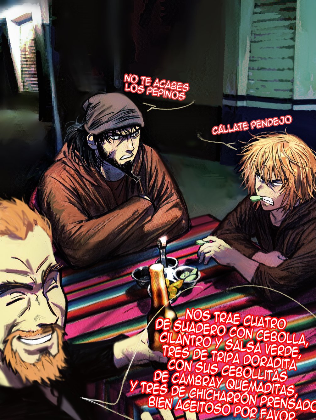 flrrrrr222222, askeladd, bjorn (vinland saga), thorfinn, vinland saga, highres, 3boys, alternate universe, bandana, beard, black hair, blonde hair, brown bandana, brown jacket, clenched teeth, closed eyes, crossed arms, facial hair, furrowed brow, grin, jacket, male focus, multiple boys, parted lips, smile, spanish text, speech bubble, teeth
