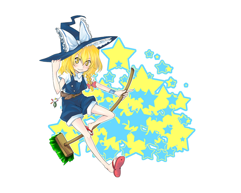 myama, kirisame marisa, touhou, 1girl, :3, belt, blonde hair, braid, broom, broom riding, female focus, hair ribbon, hat, ribbon, solo, star (symbol), witch, witch hat, yellow eyes
