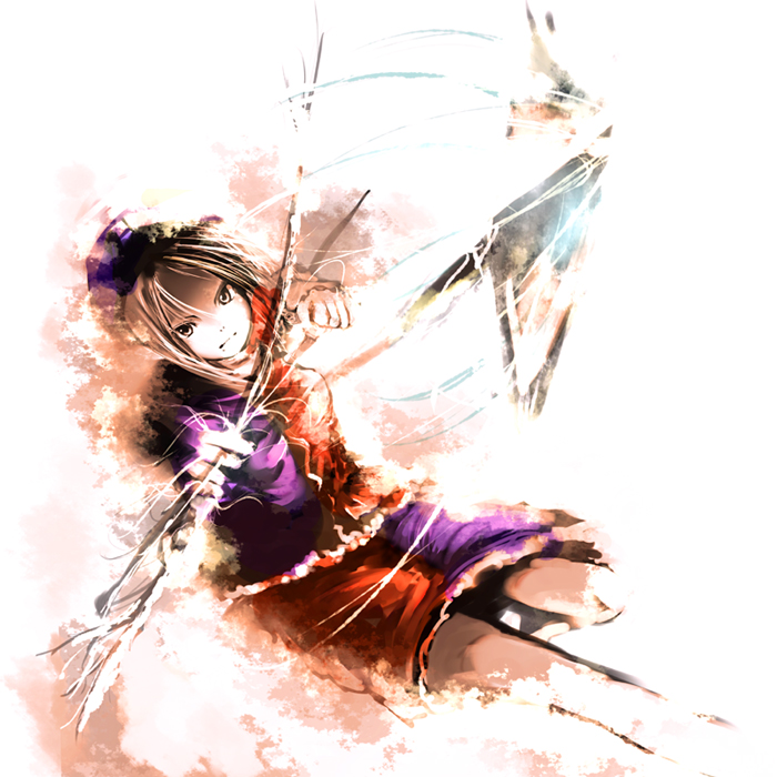 yae (mono110), yagokoro eirin, touhou, silver hair, 1girl, aiming, aiming at viewer, bare legs, blue dress, bow (weapon), brown eyes, dress, dutch angle, female focus, hat, holding, holding weapon, looking at viewer, multicolored dress, red dress, short sleeves, solo, weapon