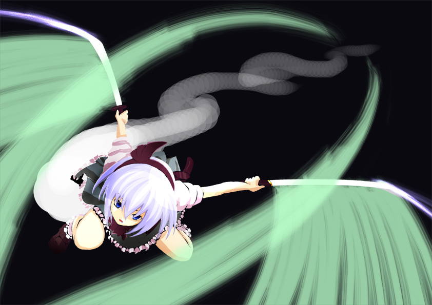 tsuttsu, konpaku youmu, konpaku youmu (ghost), touhou, 1girl, dual wielding, female focus, hitodama, holding, jumping, katana, solo, sword, tanto, weapon