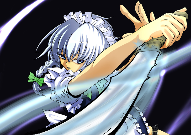 tsuttsu, izayoi sakuya, touhou, silver hair, 1girl, braid, female focus, foreshortening, knife, short hair, solo, throwing knife, twin braids, weapon