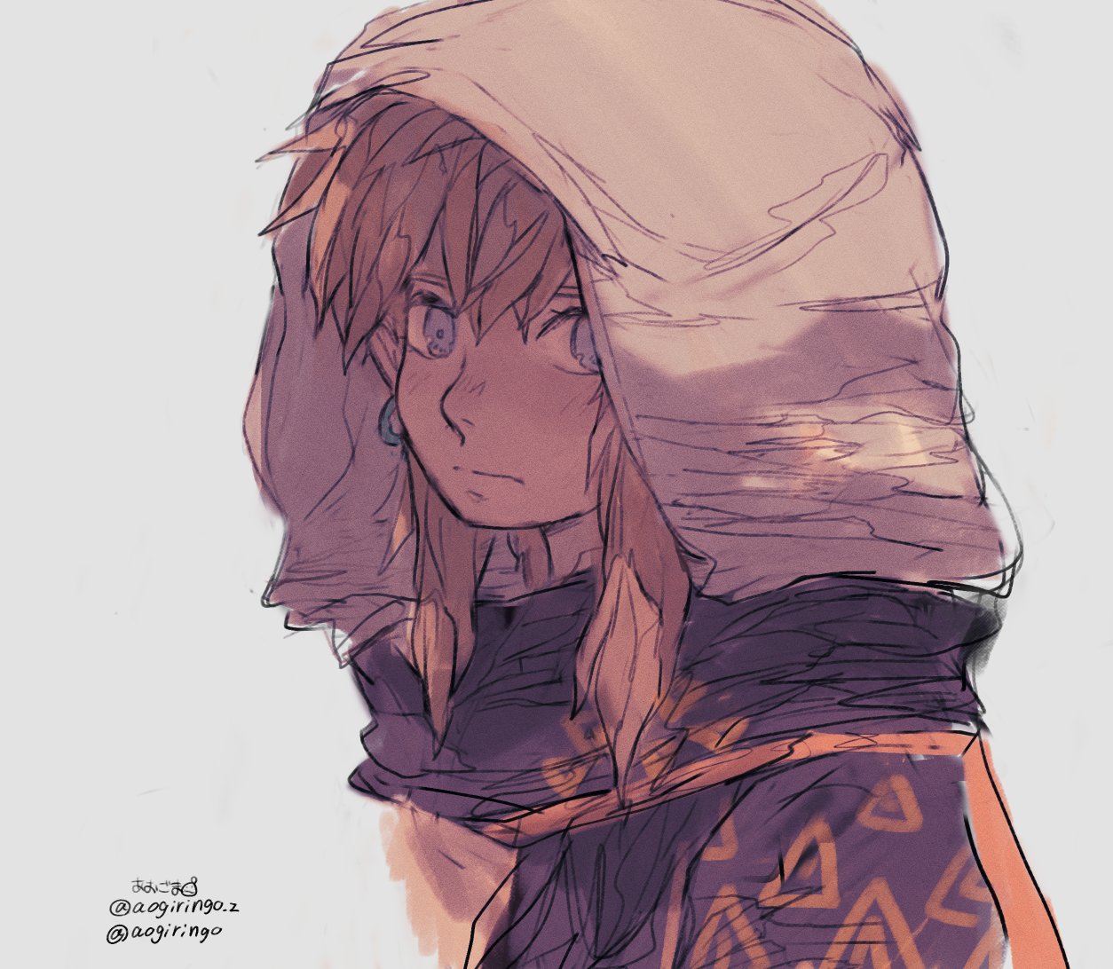 aogoma, link, nintendo, the legend of zelda, the legend of zelda: tears of the kingdom, commentary, symbol-only commentary, 1boy, blonde hair, blue eyes, blush, cloak, closed mouth, earrings, hair between eyes, hood, hood up, hooded cloak, jewelry, light blush, male focus, nose blush, pointy ears, sidelocks, solo, twitter username, upper body, white background