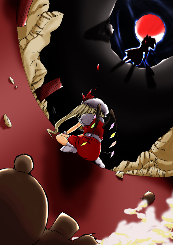 tsuttsu, flandre scarlet, kirisame marisa, touhou, 2girls, blonde hair, damaged, female focus, kneeling, moon, multiple girls, night, night sky, red moon, sky, socks, wings