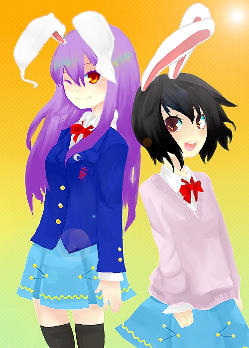 inaba tewi, reisen udongein inaba, touhou, 2girls, alternate costume, animal ears, female focus, gradient background, multiple girls, rabbit ears, school uniform, serafuku, skirt, thighhighs