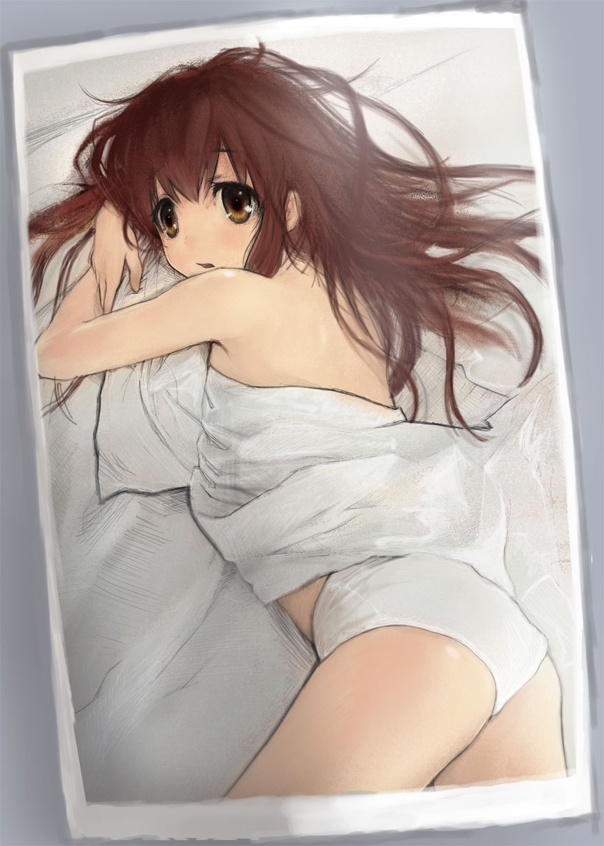 madokan suzuki, asahina mikuru, suzumiya haruhi no yuuutsu, bad id, bad pixiv id, highres, 00s, ass, bed, bed sheet, blush, brown eyes, brown hair, long hair, lying, panties, sketch, solo, underwear, white panties