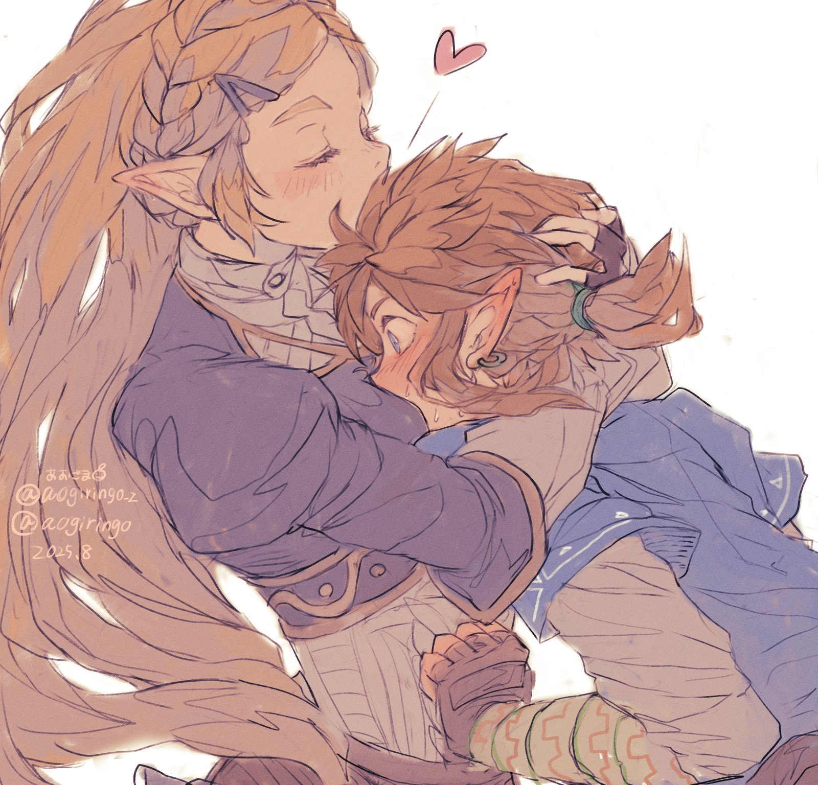 aogoma, link, princess zelda, nintendo, the legend of zelda, the legend of zelda: breath of the wild, commentary, highres, 1boy, 1girl, blue shirt, blue tunic, blush, braid, breasts, champion's tunic (zelda), closed eyes, couple, crown braid, earrings, fingerless gloves, gloves, gold trim, hair tie, hand in another's hair, hetero, hug, jewelry, juliet sleeves, long hair, long sleeves, low ponytail, medium breasts, parted bangs, pointy ears, ponytail, puffy sleeves, shirt, short hair, sidelocks, sweat, tunic, twitter username, white background, white shirt