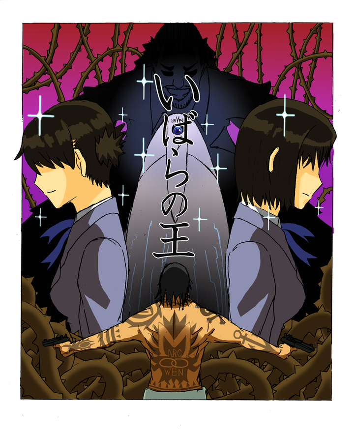 atuta, sawara, kasumi (ibara no ou), marco owen, shizuku (ibara no ou), shizuku ishiki, zeus (ibara no ou), ibara no ou, 00s, 1girl, 3boys, gun, multiple boys, tattoo, thorns, topless female, weapon