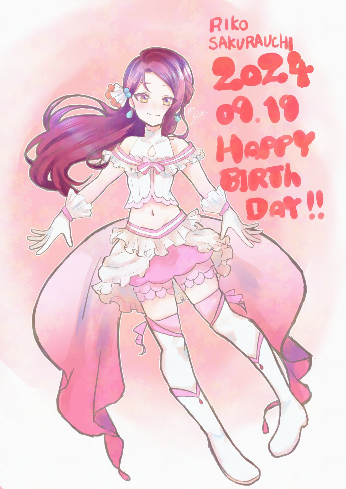 yanase (rkrkym), sakurauchi riko, love live!, love live! sunshine!!, commentary, highres, 1girl, birthday, breasts, character name, dated, earrings, english text, full body, gloves, hair ornament, jewelry, koi ni naritai aquarium, long hair, looking at viewer, midriff, navel, red hair, small breasts, solo, white gloves, yellow eyes