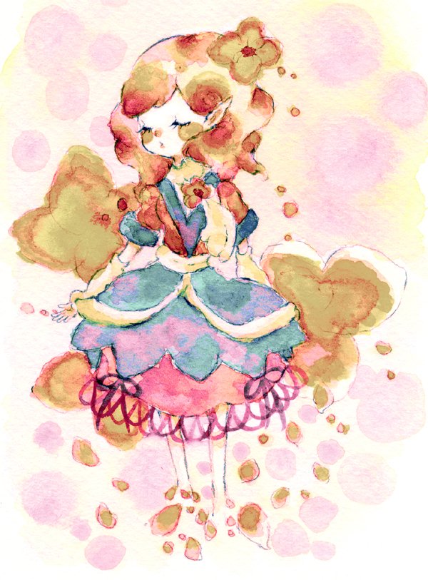 mana (artist), mizuhashi parsee, touhou, 1girl, blonde hair, blue dress, closed eyes, dress, female focus, full body, petals, puffy short sleeves, puffy sleeves, short hair, short sleeves, solo, standing