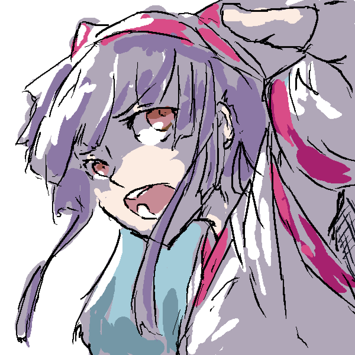 nakoruru, samurai spirits, snk, the king of fighters, highres, 1girl, ainu clothes, armpits, breasts, brown eyes, fingerless gloves, gloves, hair ribbon, long hair, medium breasts, open mouth, outstretched arm, purple hair, ribbon, serious, solo, teeth, tongue