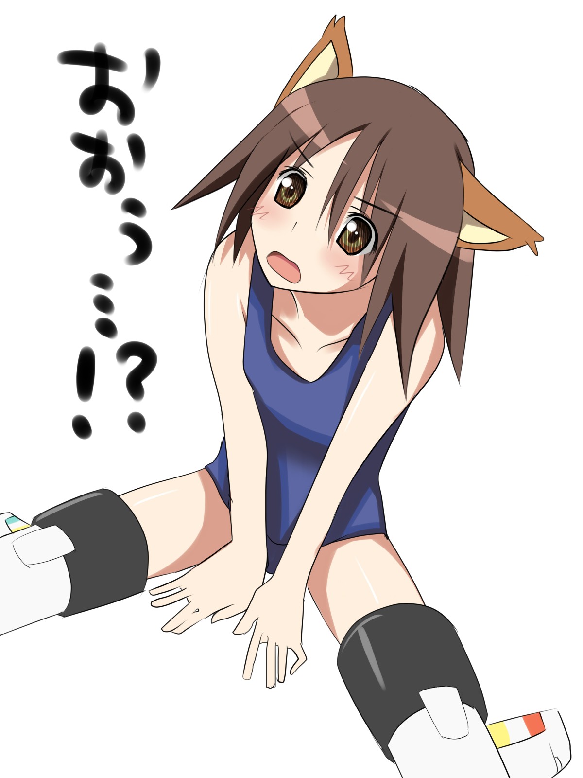 akesaka iku, miyafuji yoshika, strike witches, world witches series, highres, translated, 00s, 1girl, animal ears, brown eyes, brown hair, female focus, one-piece swimsuit, school swimsuit, solo, striker unit, swimsuit