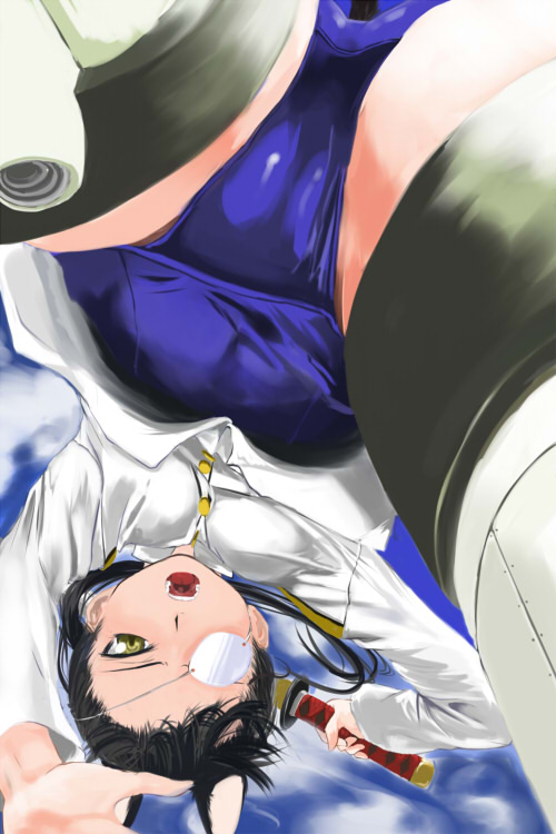 ankoku emu shougun, sakamoto mio, strike witches, world witches series, bad id, bad pixiv id, 00s, 1girl, :o, black hair, black thighhighs, eyepatch, female focus, green eyes, holding, holding sword, holding weapon, long sleeves, looking at viewer, one-piece swimsuit, open mouth, outstretched arms, short hair, solo, swimsuit, swimsuit under clothes, sword, thighhighs, upside-down, weapon, yellow eyes