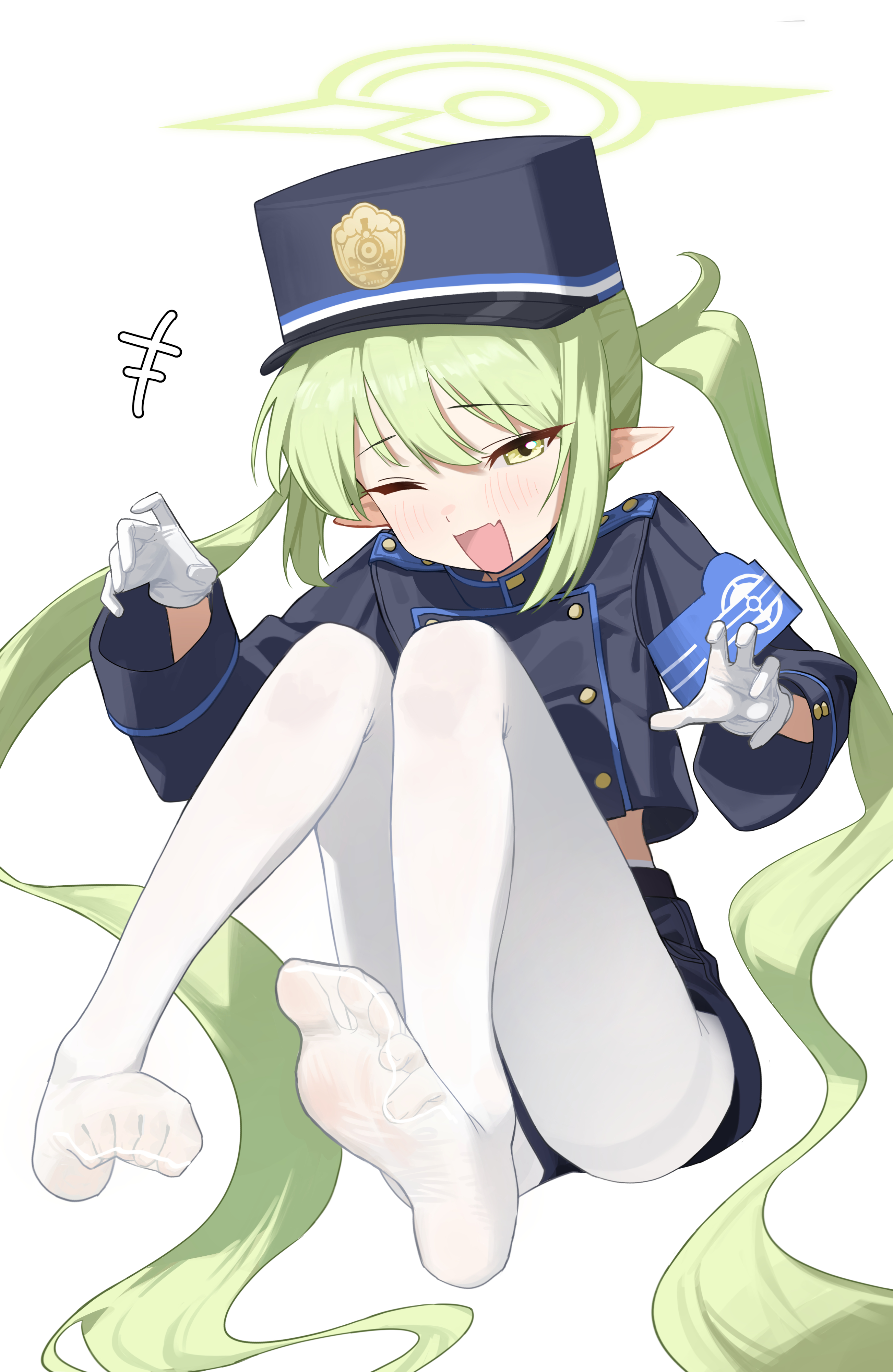 nozomi (blue archive), blue archive, absurdres, highres, +++, 1girl, armband, fang, feet, full body, gloves, green hair, green halo, halo, hat, long hair, looking at viewer, no shoes, one eye closed, open mouth, pantyhose, peaked cap, pointy ears, shako cap, shorts, skin fang, smile, soles, solo, toes, twintails, very long hair, white background, white gloves, white pantyhose, yona (yoroyoro)