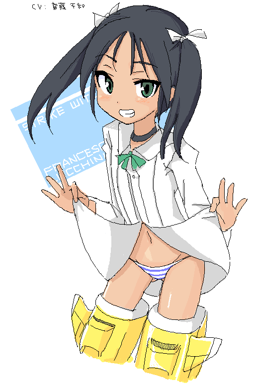 daioh, francesca lucchini, strike witches, world witches series, 00s, 1girl, black hair, clothes lift, female focus, green eyes, grin, navel, oekaki, panties, shirt lift, smile, solo, striker unit, striped clothes, striped panties, twintails, underwear