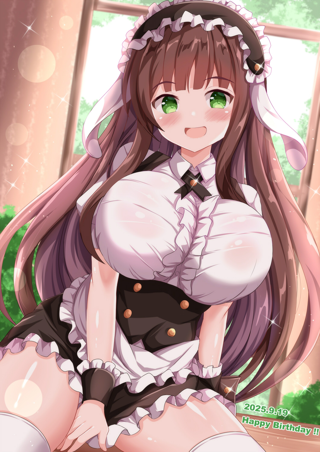 xenon (for achieve), ujimatsu chiya, gochuumon wa usagi desu ka?, commentary request, highres, 1girl, :d, animal ears, between legs, black skirt, blunt bangs, blush, breasts, brown hair, bush, buttons, dated, double-breasted, fake animal ears, fleur de lapin uniform, green eyes, hand between legs, happy birthday, indoors, large breasts, long hair, looking at viewer, maid headdress, open mouth, rabbit ears, shirt, sidelocks, skirt, smile, solo, taut clothes, taut shirt, thighhighs, thighs, very long hair, white shirt, white thighhighs, window, wrist cuffs