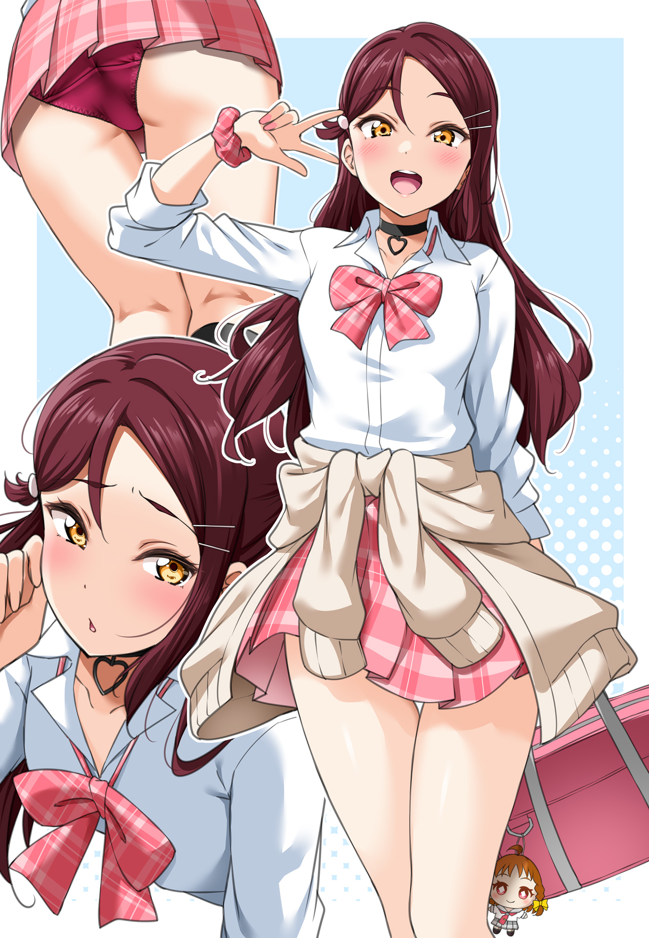 yopparai oni, sakurauchi riko, love live!, love live! sunshine!!, commentary request, highres, 1girl, :d, ass, black choker, blush, bow, bowtie, choker, collared shirt, long hair, long sleeves, looking at viewer, multiple views, open mouth, panties, plaid clothes, plaid skirt, red bow, red bowtie, red hair, red panties, red scrunchie, red skirt, scrunchie, shirt, simple background, skirt, smile, thighs, underwear, white shirt, wrist scrunchie, yellow eyes