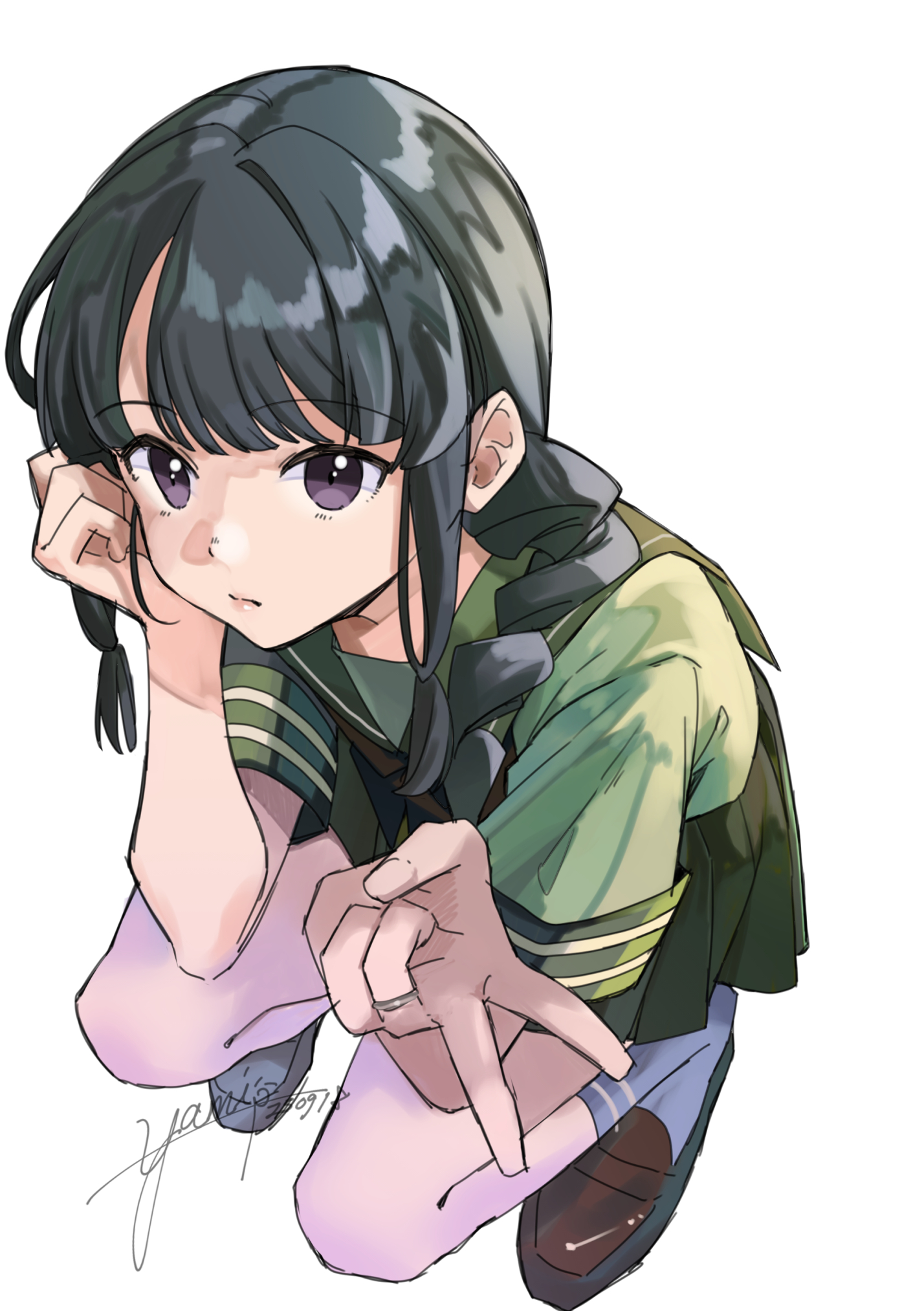 yami (m31), kitakami (kancolle), kantai collection, highres, 1girl, black hair, blunt bangs, braid, green sailor collar, green serafuku, green shirt, hair over shoulder, looking at viewer, puffy short sleeves, puffy sleeves, purple eyes, sailor collar, school uniform, serafuku, shirt, short sleeves, signature, single braid, socks, solo, squatting, v, white background