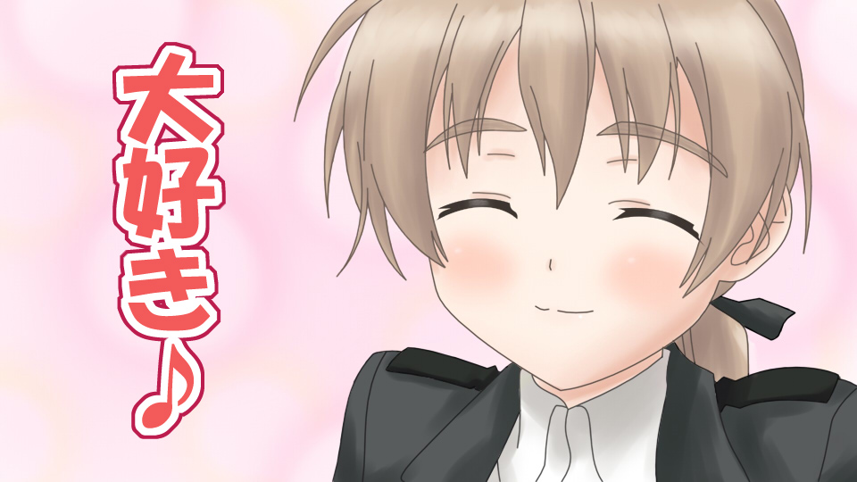lynette bishop, strike witches, world witches series, translated, 00s, 1girl, blonde hair, blush, close-up, female focus, pink background, portrait, short hair, simple background, smile, solo, upper body