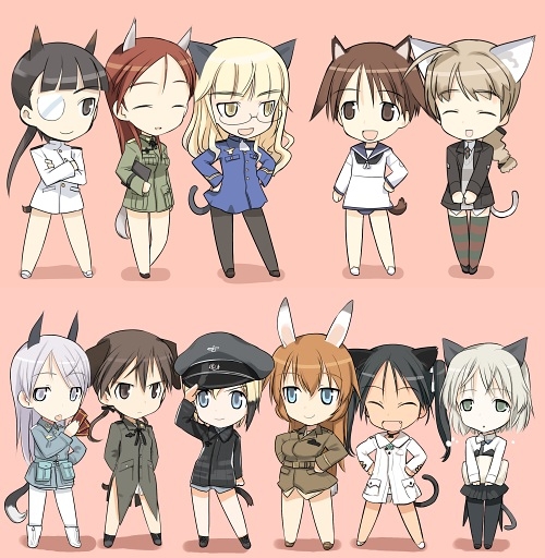 charlotte e. yeager, eila ilmatar juutilainen, erica hartmann, francesca lucchini, gertrud barkhorn, lynette bishop, minna-dietlinde wilcke, miyafuji yoshika, perrine h. clostermann, sakamoto mio, sanya v. litvyak, strike witches, world witches series, black legwear, striped legwear, white legwear, 00s, 501st joint fighter wing, 6+girls, animal ears, cat ears, chibi, closed eyes, everyone, glasses, hands on own hips, hat, multiple girls, open mouth, pantyhose, peaked cap, rabbit ears, rabbit girl, rabbit tail, smile, standing, striped clothes, striped thighhighs, tail, thighhighs