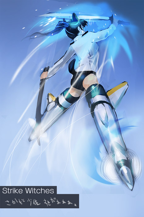 toi (pixiv), toi kotori, sakamoto mio, strike witches, world witches series, 00s, 1girl, armor, armored boots, ass, black hair, boots, dual wielding, female focus, floating, glowing, holding, holding weapon, leotard, ponytail, solo, striker unit, thigh boots, thighhighs, weapon