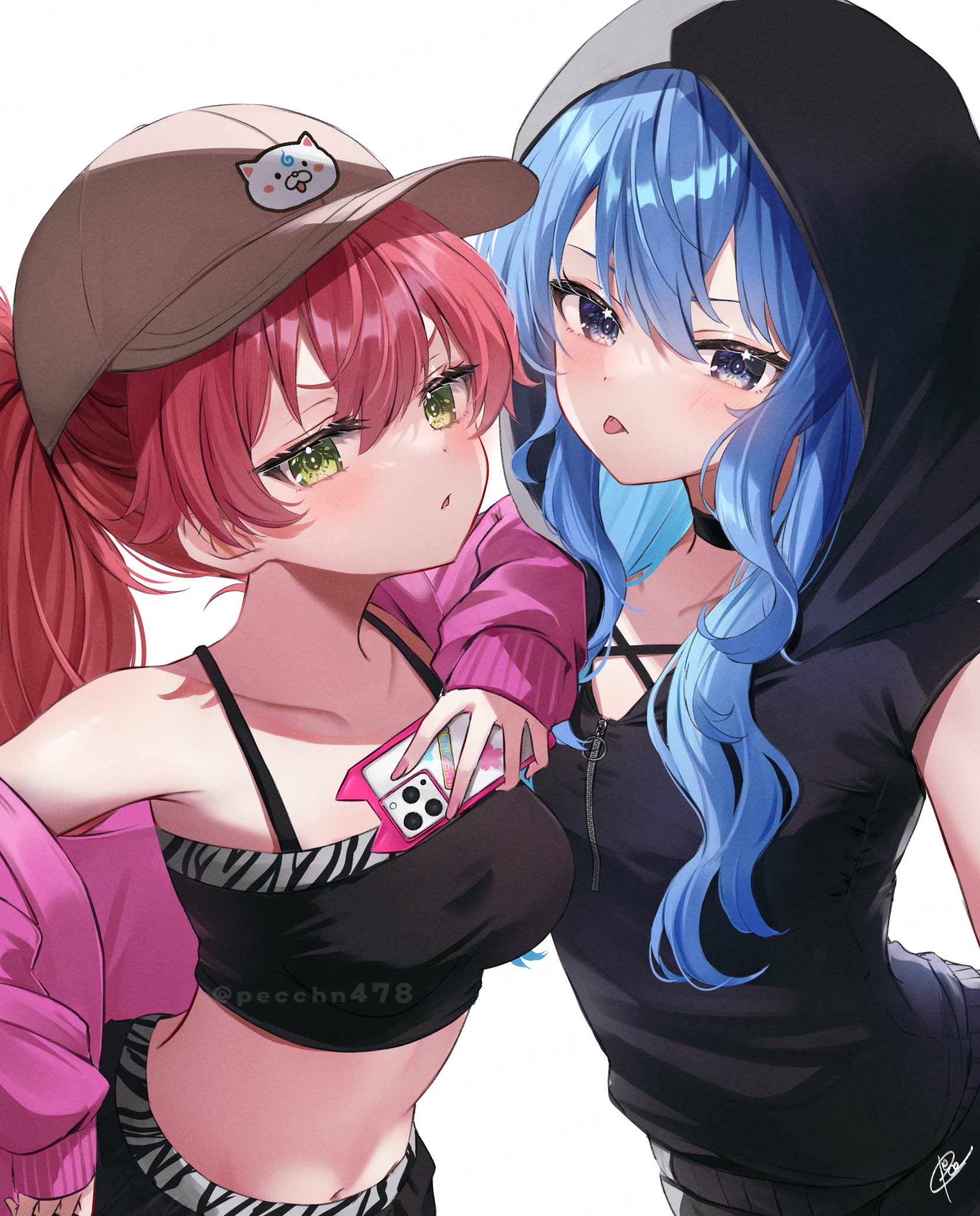 pecco (pecco297), 35p (sakura miko), hoshimachi suisei, sakura miko, hololive, commentary request, highres, 2girls, :p, alternate costume, arm on another's shoulder, asymmetrical sidelocks, baseball cap, black choker, black hoodie, blue eyes, blue hair, breasts, brown hat, cellphone, choker, criss-cross straps, crop top, double-parted bangs, flat chest, green eyes, hair between eyes, hat, holding, holding phone, hood, hood up, hoodie, jacket, long hair, looking at viewer, medium breasts, midriff, multiple girls, navel, phone, pink hair, pink jacket, sidelocks, simple background, sleeveless, sleeveless hoodie, smartphone, star (symbol), star in eye, symbol in eye, tongue, tongue out, upper body, virtual youtuber, white background