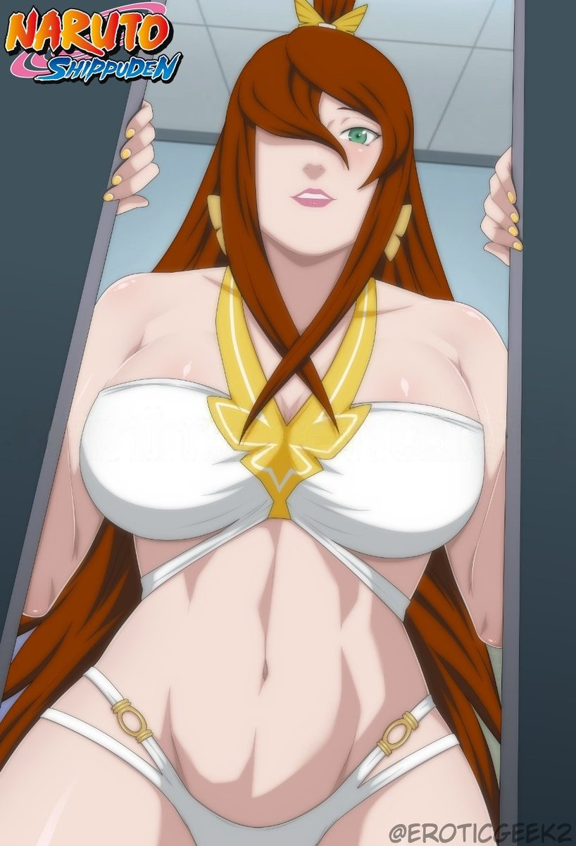 eroticgeek2, terumi mei, naruto (series), naruto shippuuden, highres, 1girl, blush, breasts, brown hair, green eyes, lipstick, long hair, makeup, solo, swimsuit