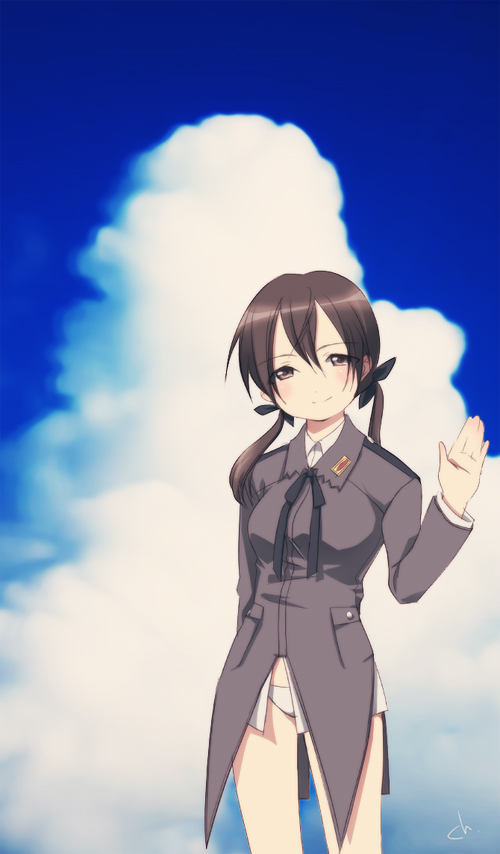 gertrud barkhorn, strike witches, world witches series, 00s, 1girl, blush, brown eyes, brown hair, female focus, hair ribbon, long sleeves, looking at viewer, military, military uniform, no pants, panties, ribbon, sky, smile, solo, sourcewanted, standing, twintails, underwear, waving, white panties