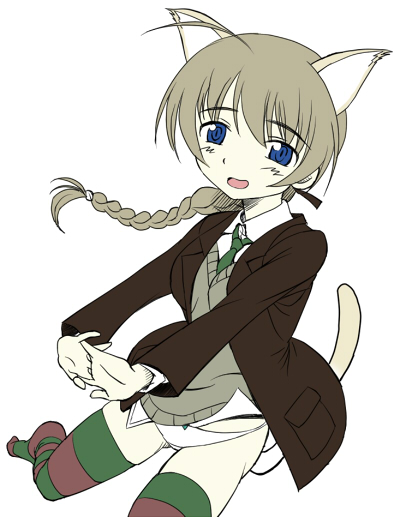 shounyuu hokora, lynette bishop, strike witches, world witches series, bad id, bad pixiv id, 00s, 1girl, animal ears, bow, bow panties, braid, female focus, panties, single braid, solo, tail, thighhighs, underwear, white panties