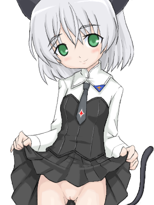 sanya v. litvyak, strike witches, world witches series, silver hair, lowres, 00s, 1girl, animal ears, female focus, green eyes, loli, no panties, pussy, solo, tail