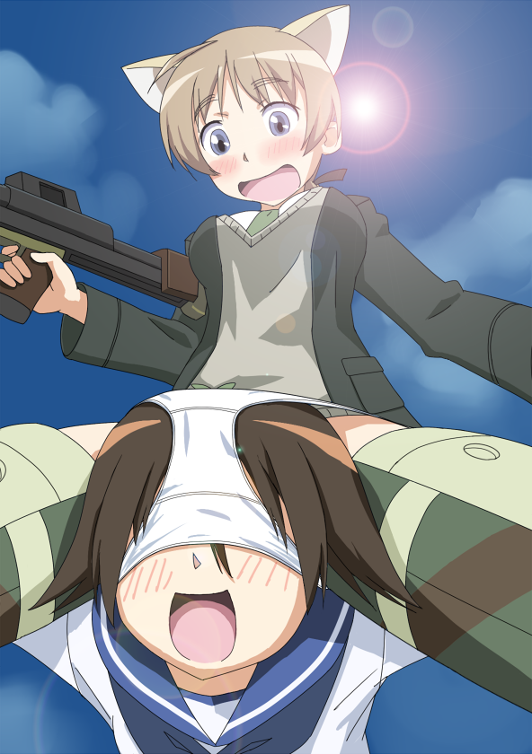 oedipa, lynette bishop, miyafuji yoshika, strike witches, world witches series, 00s, 2girls, animal ears, blue eyes, blush, breasts, brown hair, female pervert, medium breasts, multiple girls, object on head, panties, panties on head, panty pull, pervert, striker unit, underwear, view between legs, white panties