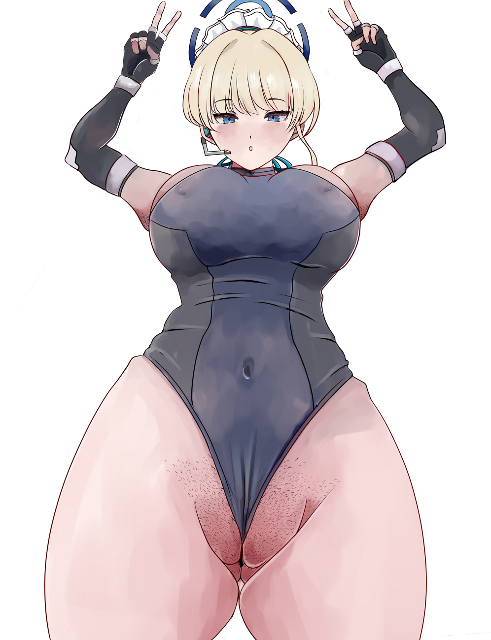 emino, emino meika, toki (abi-eshuh) (blue archive), toki (blue archive), blue archive, highres, 1girl, armpit stubble, arms up, black gloves, blonde hair, blue eyes, blue leotard, cameltoe, covered navel, double v, elbow gloves, female pubic hair, fingerless gloves, from below, gloves, gluteal fold, hair up, halo, headset, highleg, highleg leotard, leotard, maid headdress, open mouth, partially visible vulva, pubic hair, pubic stubble, skindentation, sleeveless, solo, standing, thick thighs, thigh gap, thighs, v, wedgie, white background