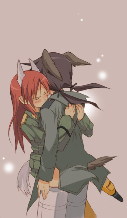 sakugo, gertrud barkhorn, minna-dietlinde wilcke, strike witches, world witches series, bad id, bad pixiv id, 00s, 2girls, animal ears, blush, hug, multiple girls, red hair, striker unit, tail