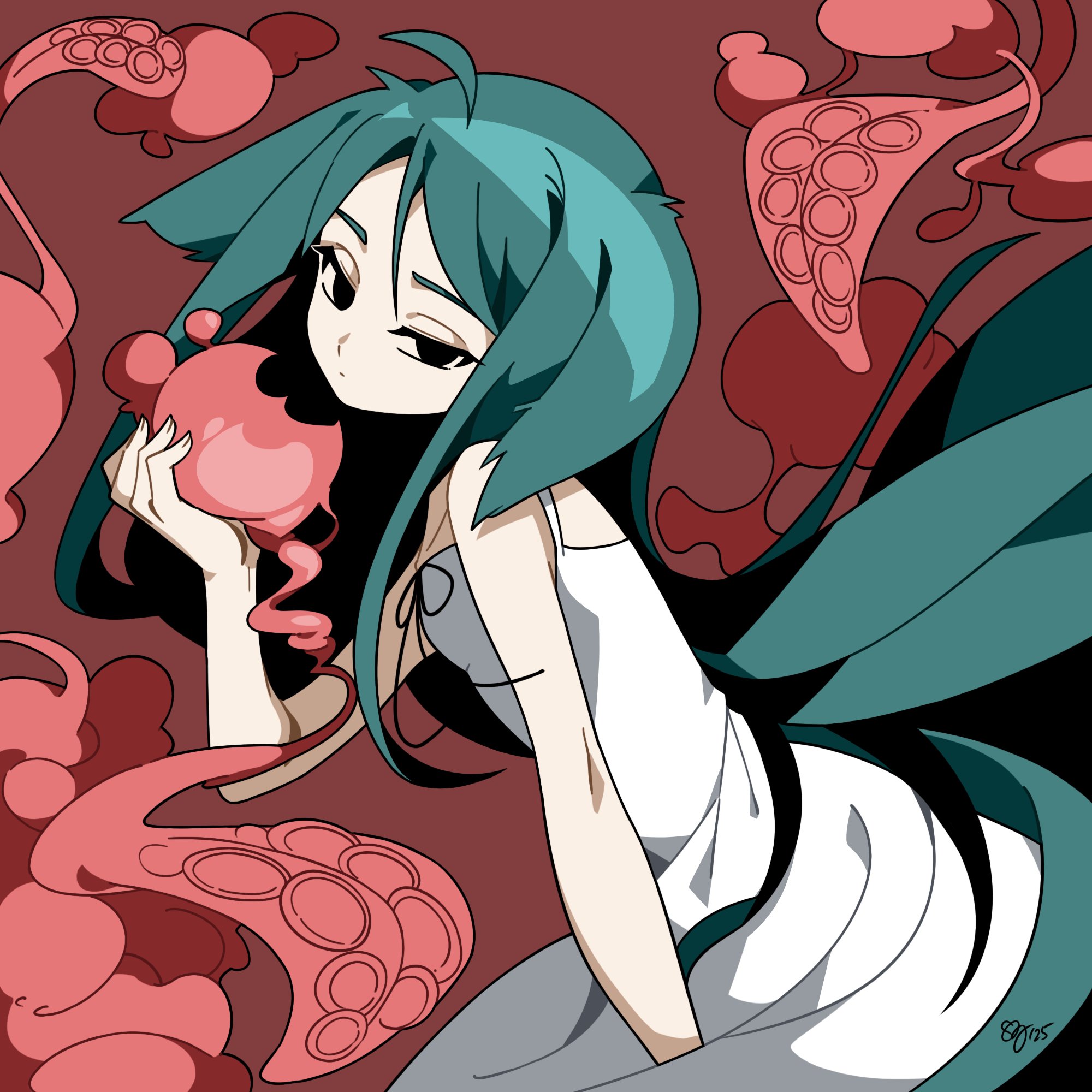 saya (saya no uta), saya no uta, commentary, english commentary, highres, 1girl, bare shoulders, black eyes, dress, eating, flat chest, green hair, hair flaps, leaning forward, long hair, looking at viewer, no pupils, ribbon, sleeveless, sleeveless dress, solo, sundress, sylvenpsd, very long hair, white dress