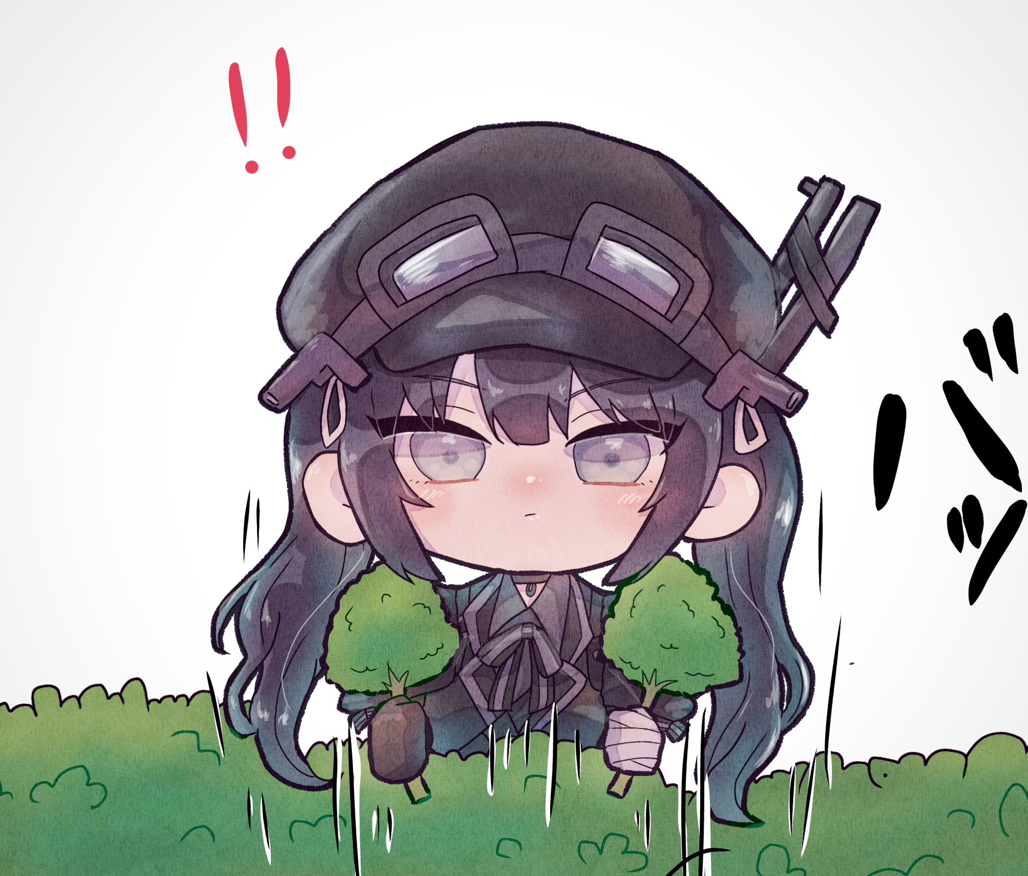 mahou shoujo no majo saiban, commentary request, highres, translation request, !, !!, 1girl, black hair, black hat, black ribbon, branch, bush, chibi, chibi only, closed mouth, expressionless, goggles, goggles on headwear, grey eyes, hat, holding, holding branch, kurobe nanoka, long hair, looking at viewer, magical girl, muta no inochi, neck ribbon, ribbon, solo, twintails, white background