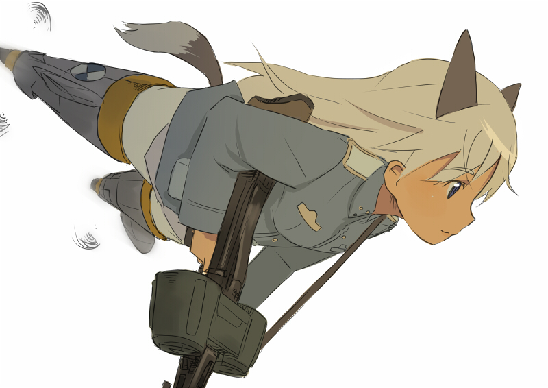 jitsu hidari, eila ilmatar juutilainen, strike witches, world witches series, 00s, 1girl, animal ears, double-drum magazine, drum magazine, female focus, gun, high-capacity magazine, machine gun, magazine (weapon), mg42, pantyhose, saddle-drum, solo, striker unit, tail, weapon