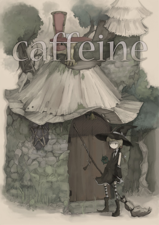 inemuri uno, original, 1girl, blonde hair, broom, detached sleeves, female focus, hat, necktie, solo, striped clothes, striped thighhighs, thighhighs, witch, witch hat