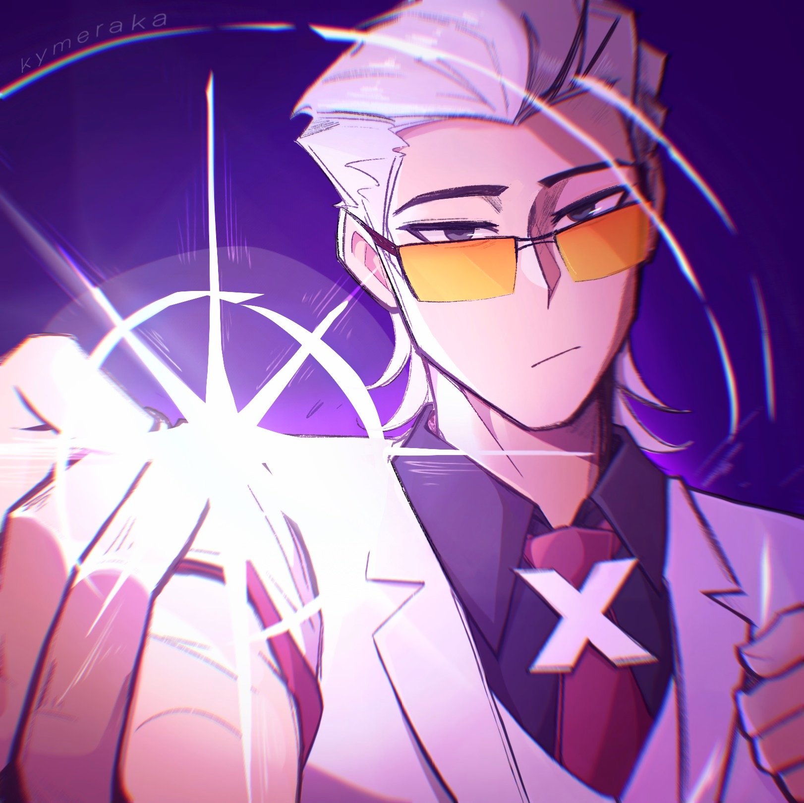 x (to be hero x), jujutsu kaisen, to be hero, to be hero x, highres, 1boy, :/, black eyes, black shirt, coat, collared shirt, glowing, hair slicked back, hand up, kymeraka, looking at viewer, male focus, mullet, necktie, power connection, red necktie, shirt, snapping fingers, solo, sparkle, tinted eyewear, vest, white coat, white hair, white vest, x (symbol), yellow-tinted eyewear