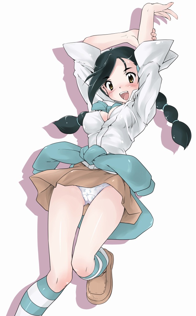 endou masatoshi, candice (pokemon), nintendo, pokemon, pokemon dppt, 00s, 1girl, arms up, black hair, blouse, blush, bow, bowtie, braid, breasts, brown eyes, cameltoe, cleavage, cleavage cutout, clothes around waist, clothing cutout, covered erect nipples, female focus, gym leader, hair ornament, hairclip, kneehighs, leg lift, long hair, miniskirt, multi-tied hair, panties, pantyshot, pleated skirt, print panties, ribbon, shiny skin, shirt, shoes, simple background, skirt, smile, socks, solo, standing, striped clothes, striped socks, sweater, sweater around waist, thighs, twin braids, underwear, upskirt, white background, white panties