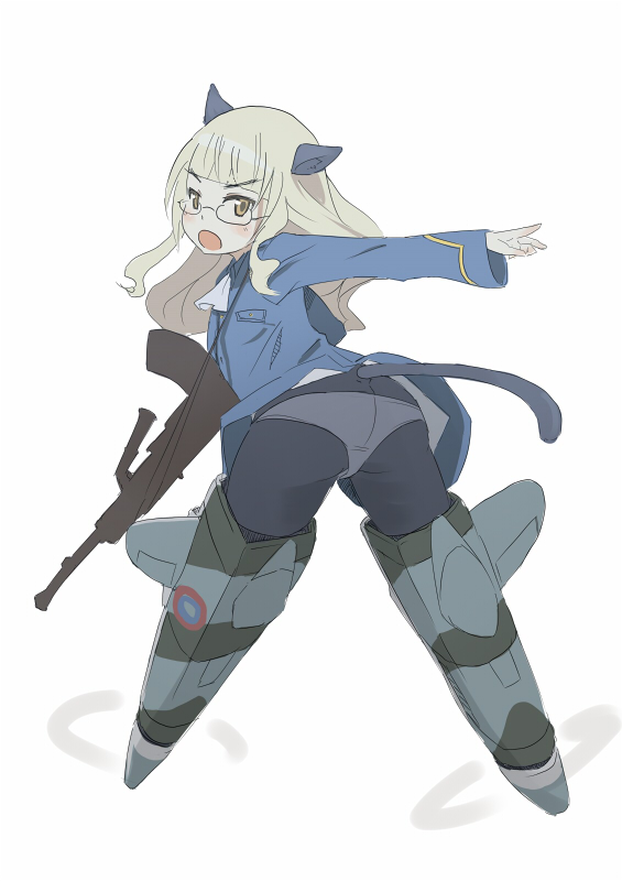 jitsu hidari, perrine h. clostermann, strike witches, world witches series, bad id, bad pixiv id, 00s, 1girl, animal ears, ass, blonde hair, bren lmg, female focus, glasses, gun, light machine gun, long hair, machine gun, panties, panties under pantyhose, pantyhose, solo, striker unit, tail, underwear, weapon, yellow eyes