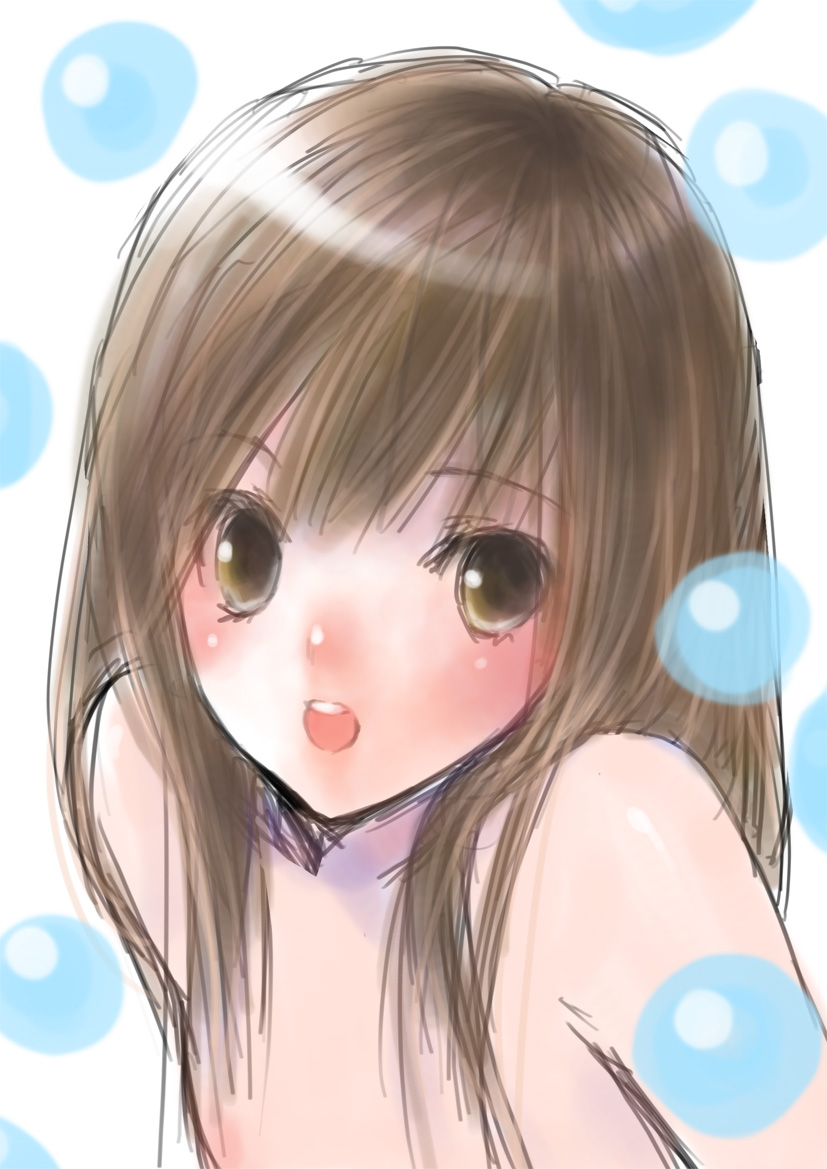 akatsuki byakuya, bad id, bad pixiv id, blush, brown eyes, brown hair, long hair, nude, sketch