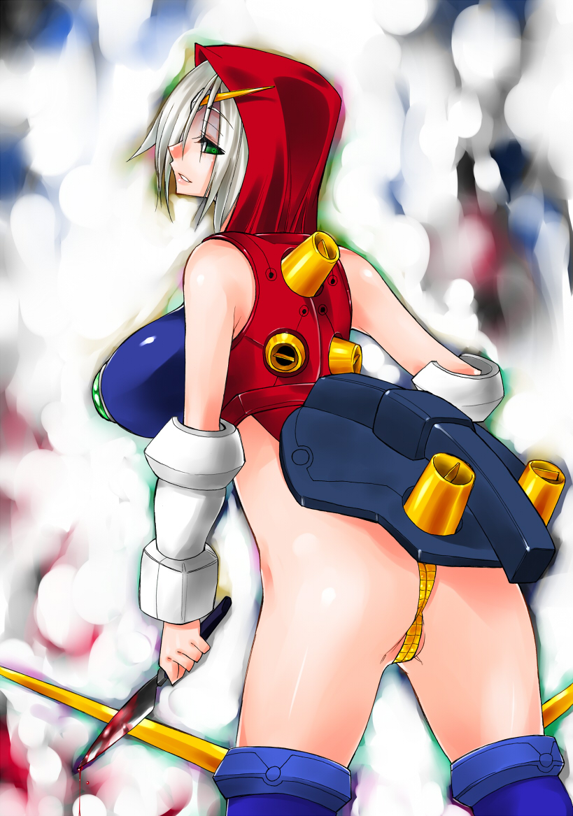 caw=zoo, devil gundam, g gundam, gundam, silver hair, 1990s (style), ass, back, blood, breasts, green eyes, huge breasts, knife, looking back, mecha musume, retro artstyle, short hair, solo, thighhighs
