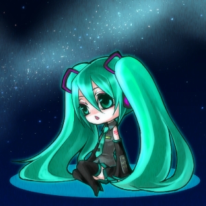 cage (artist), sasama keiji, hatsune miku, vocaloid, lowres, 1girl, chibi, detached sleeves, female focus, green eyes, green hair, headphones, long hair, matching hair/eyes, necktie, night, skirt, sky, solo, star (sky), star (symbol), starry sky, thighhighs, twintails