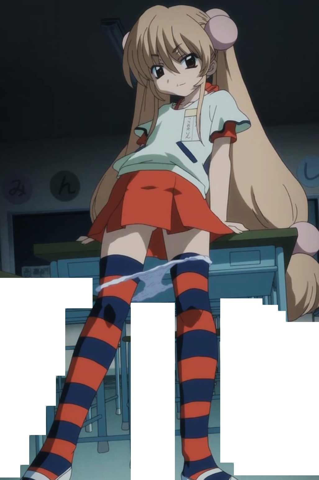 kokonoe rin, kodomo no jikan, dvd, anime screenshot, highres, non-web source, stitched, third-party edit, 00s, 1girl, clothes pull, female focus, hair bobbles, hair ornament, loli, long hair, naughty face, panties, pants, pants pull, panty pull, sexually suggestive, shoes, skirt, solo, striped clothes, striped thighhighs, thighhighs, underwear, uwabaki, white panties