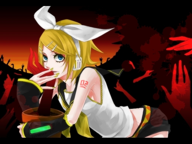 cage (artist), sasama keiji, kagamine rin, vocaloid, blonde hair, blue eyes, detached sleeves, headphones, ribbon, short hair, shorts, solo