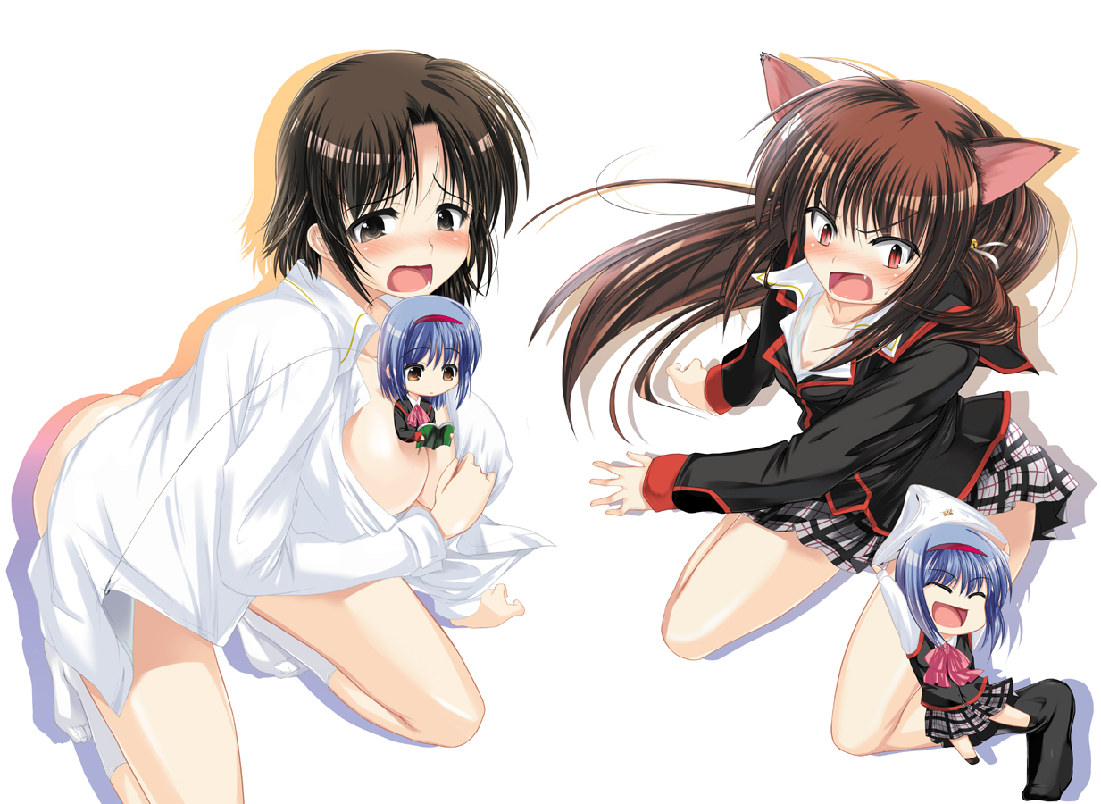 hirama hirokazu, na mizuumi, naoe riki, natsume rin, nishizono mio, little busters!, 4girls, animal ears, between breasts, blush, bob cut, bottomless, breasts, cat ears, cleavage, fang, genderswap, genderswap (mtf), hairband, large breasts, long hair, multiple girls, panties, ponytail, short hair, socks, underwear