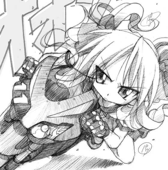 gofu, hiiragi kagami, lucky star, vehicle, traditional media, 00s, greyscale, monochrome, motor vehicle, motorcycle, sketch, solo